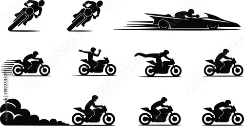 Motorcycle Rider Silhouette Icon Vector Biker Riding Motorcycle Silhouette Icon Set