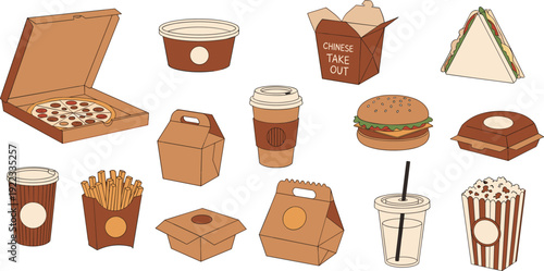 Fast Food and Takeout Packaging Vector Set with Pizza Box Burger Chinese Takeout Coffee Cup and Popcorn on White Background