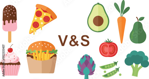 Healthy Food vs Junk Food Vector Set with Pizza Burger Ice Cream and Fresh Vegetables Like Avocado Broccoli and Tomato