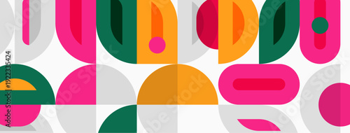 Abstract geometric shapes repeat. Vibrant colors create playful pattern. Modern design evokes retro aesthetic. Simple forms overlap, forming dynamic composition.