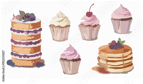 Watercolor dessert collection with cakes cupcakes and pancakes