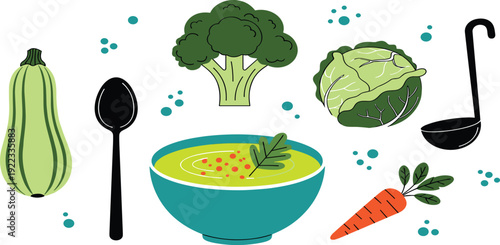 Vegetable Soup Vector Illustration Set with Broccoli Cabbage Carrot Zucchini and Ladle Isolated on White Background for Cooking