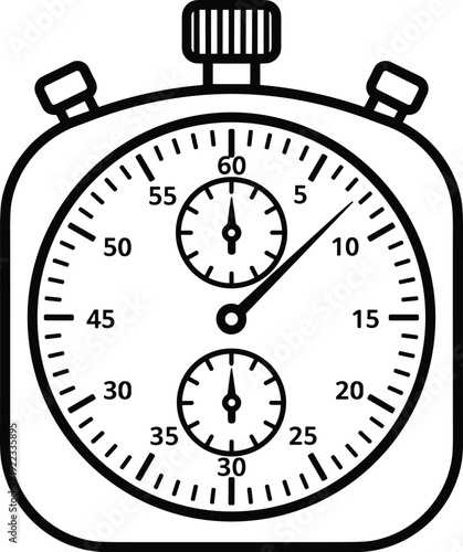 Black and white stopwatch line icon isolated on white background for sports timing, speed competition, deadline management, and precision measurement.