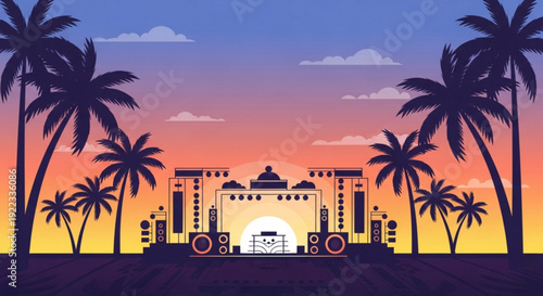 Vibrant tropical cityscape at sunset with palm trees and a dj booth setup for an outdoor party