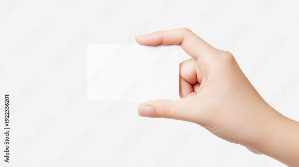 Obraz premium Close-up of a hand holding a blank transparent business card against a light gray background, isolated studio shot with soft lighting and clear copy space for branding.