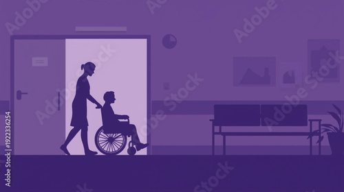 A healthcare worker assists a young patient in a wheelchair through a hospital doorway