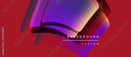 Abstract shapes overlap, creating vibrant color gradients. Red background emphasizes dynamic design elements. Modern aesthetic.