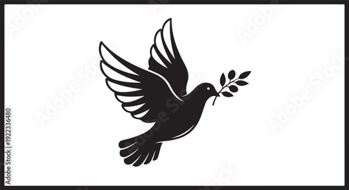 Black Silhouette of a Peace Dove Flying with Olive Branch - Minimalist Vector Illustration on White Background