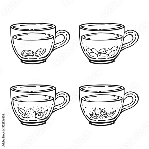 Set glass mugs of tea. Hand drawn vector illustration.