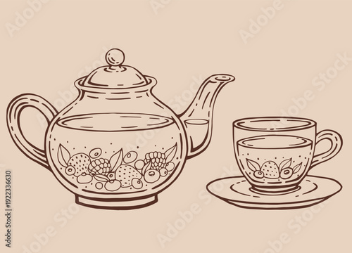Tea set with glass teapot and cup, berries. Hand drawn vector illustration in outline style.