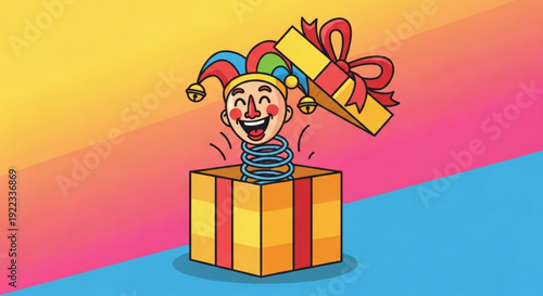 Jester springs out of gift box with wrapped present colorful surprise party popper