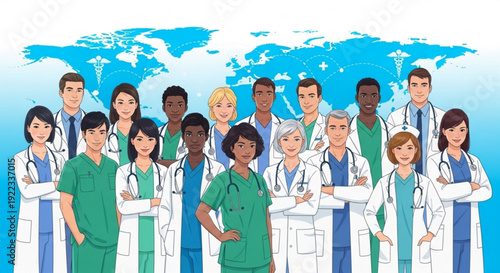 Diverse group of medical professionals standing together in front of a world map background