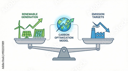Illustration of a carbon optimization model balancing renewable energy generation and emission targets on a scale isolated on a white background