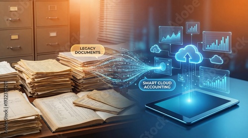 Digital transformation of legacy documents into a modern cloud interface with visual data analytics and a futuristic atmosphere