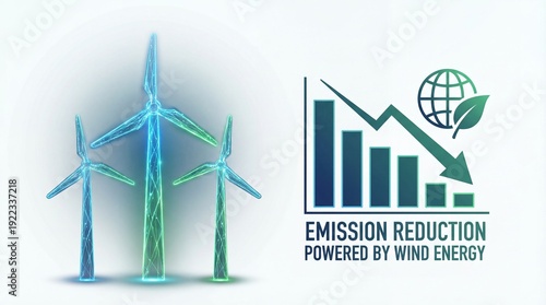 Conceptual image representing emission reduction through wind energy with a downward carbon chart on a white background