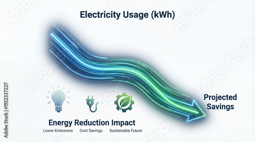 Visual representation of energy reduction impact showcasing a declining electricity usage chart with icons on a white background