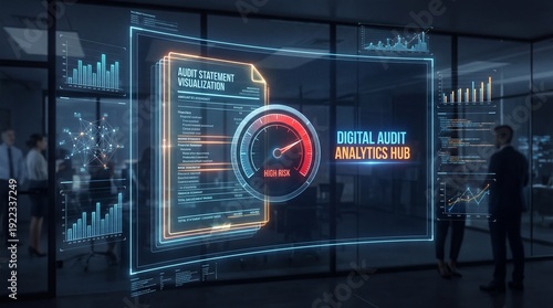Futuristic digital audit analytics hub displaying magnified data statements and visual risk meter in a modern office setting