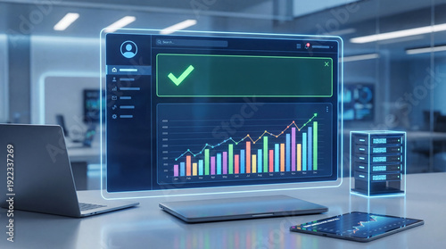 Futuristic digital interface displaying analytics charts and tax compliance metrics with laptop and smartphone in a modern office environment