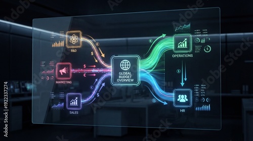 Futuristic financial management interface showcasing department icons and budget visualization in a dark workspace