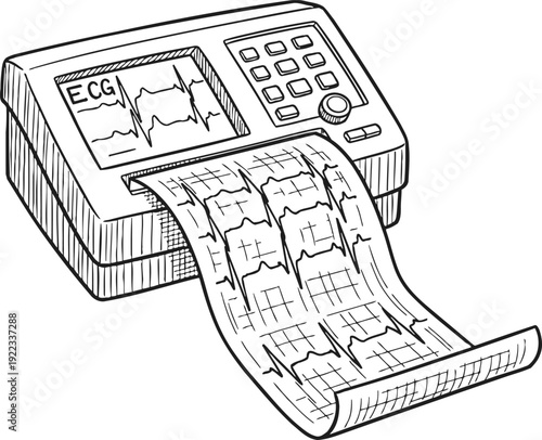 Hand drawn sketch of an electrocardiogram ecg machine with heartbeat paper printout line art vector illustration