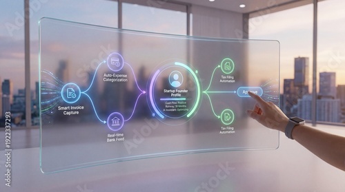 Futuristic touchscreen interface displaying an automated accounting workflow with vibrant graphics in a modern office setting