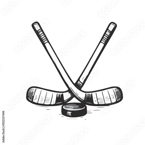 Hand drawn crossed hockey sticks with puck in classic sports emblem style.
