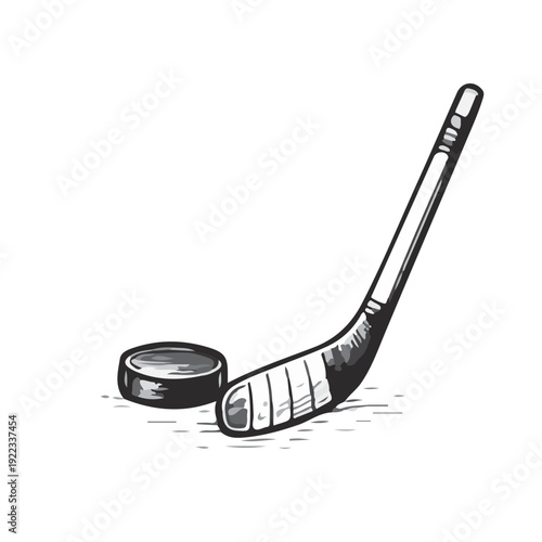 Single Hockey Stick and Puck. Minimal hand drawn hockey stick with puck in outline sports illustration style.