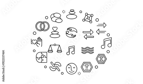 Editable harmony outline icons pack with abstract balance and connection symbols vector set