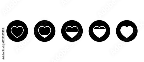 Heart progress icon set in black circle. Love fill level symbol