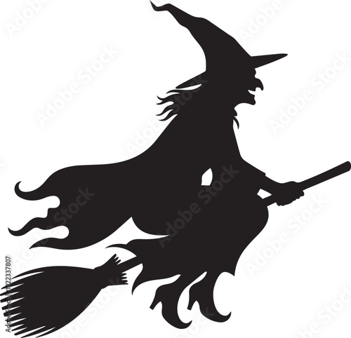 A black silhouette of a witch flying on a broomstick isolated on transparent background, Vector