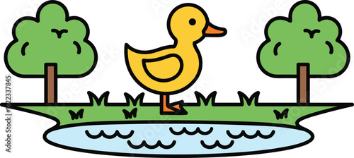 Cute duck standing near pond with trees cartoon nature landscape icon flat outline animal character vector illustration design