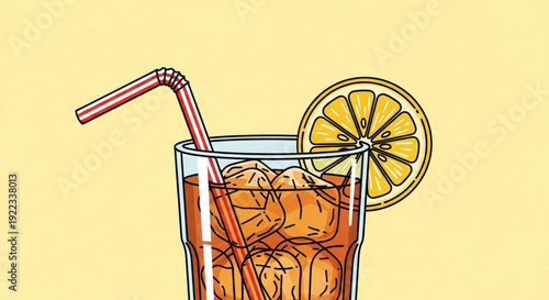 Cold refreshing drink with ice straw and orange slice in a glass on yellow background perfect for summer