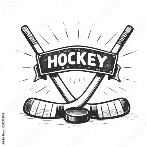 Vintage hockey logo emblem with crossed sticks in hand drawn sports illustration style.