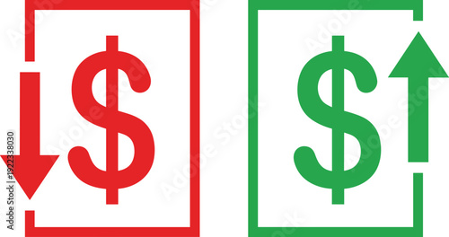 Dollar currency up and down arrow icons set financial increase decrease symbol money market trend vector illustration collection