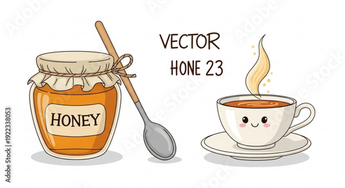 Cartoon honey jar with spoon and smiling tea cup on saucer sweet beverage concept with honey and tea