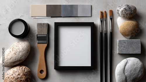 Minimalist Art Frame Mockup with Brushes and Neutral Stones