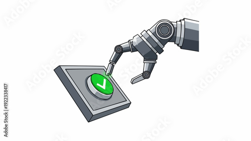 Robot arm pressing green button.
