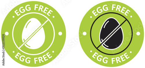 Egg free round badge labels with crossed egg icon allergen free healthy food sticker green organic diet packaging vector illustration set