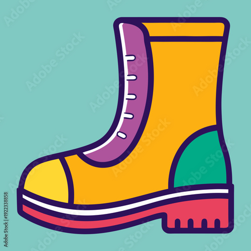 Vibrant cartoon hiking boot illustration with colorful accents and sturdy sole design