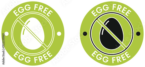 Egg free food label badge set with crossed egg icon round allergen free diet sticker green organic packaging vector illustration