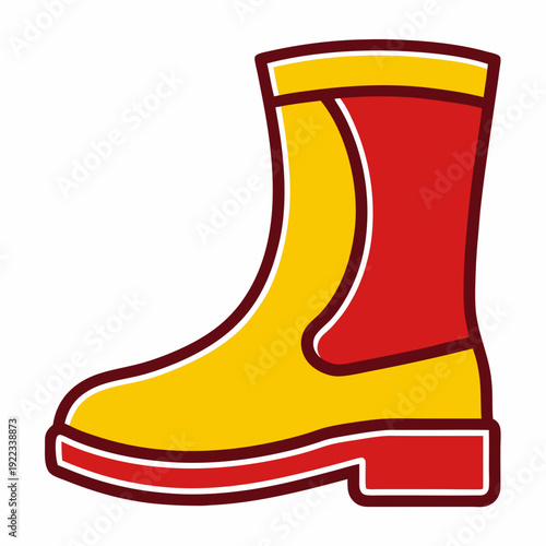 Brightly colored yellow and red work boot or rain boot with a dark red outline