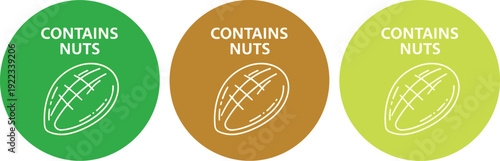Contains nuts allergen food label badges with peanut icon round warning sticker set for allergy information packaging vector illustration
