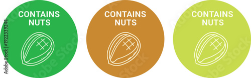Contains nuts allergen warning badge set with peanut icon round food label allergy information sticker vector illustration collection