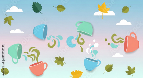 Colorful illustration of floating coffee cups and teacups with steam and leaves in a whimsical sky
