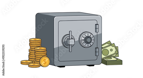 Gray Steel Safe with Combination Lock Surrounded by Gold Coins and Paper Currency.