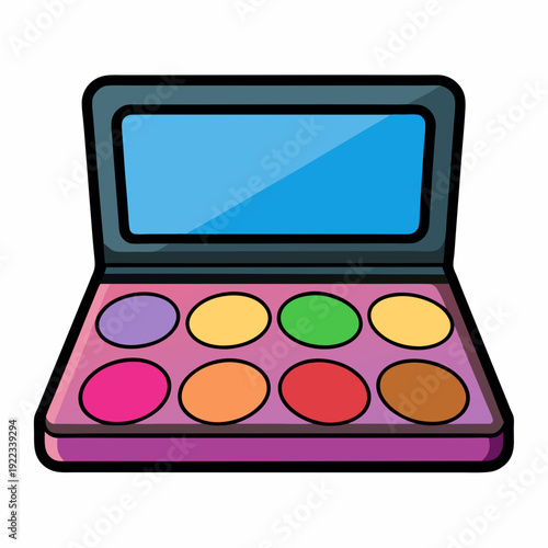 A colorful eyeshadow palette featuring a mirror and eight vibrant shades