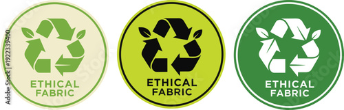 Ethical fabric eco badge set with recycle leaf symbol round sustainable textile label green fashion industry vector illustration collection