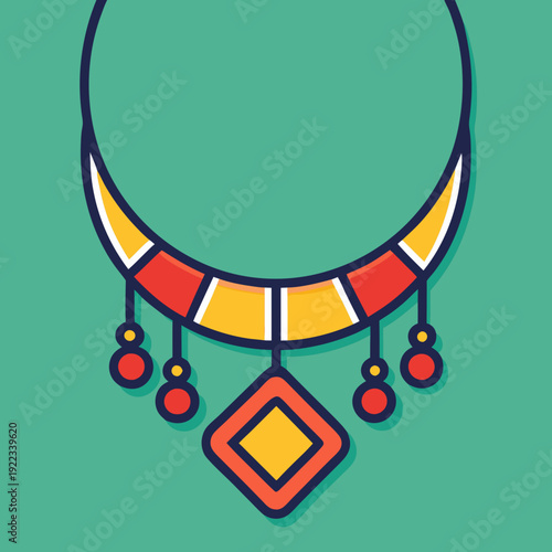 Colorful flat design necklace with crescent-shaped top and dangling geometric pendant