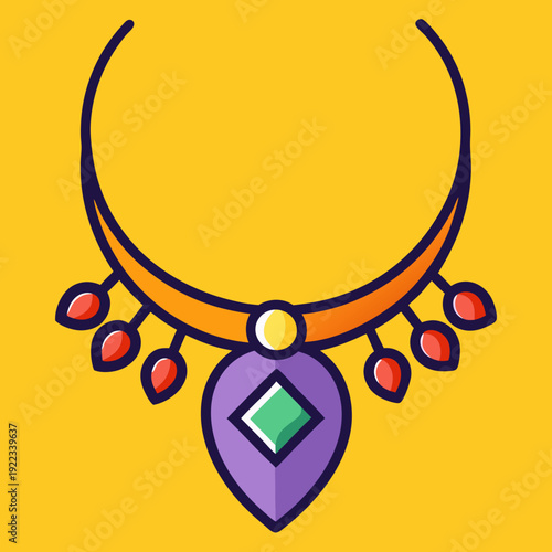 Colorful ornate necklace icon with purple pendant and red beads on a vibrant yellow background