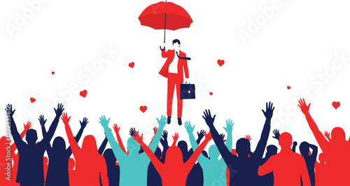 Businessman with red umbrella floating above a cheering crowd of people with hearts isolated vector illustration for leadership popularity and social influence concepts.